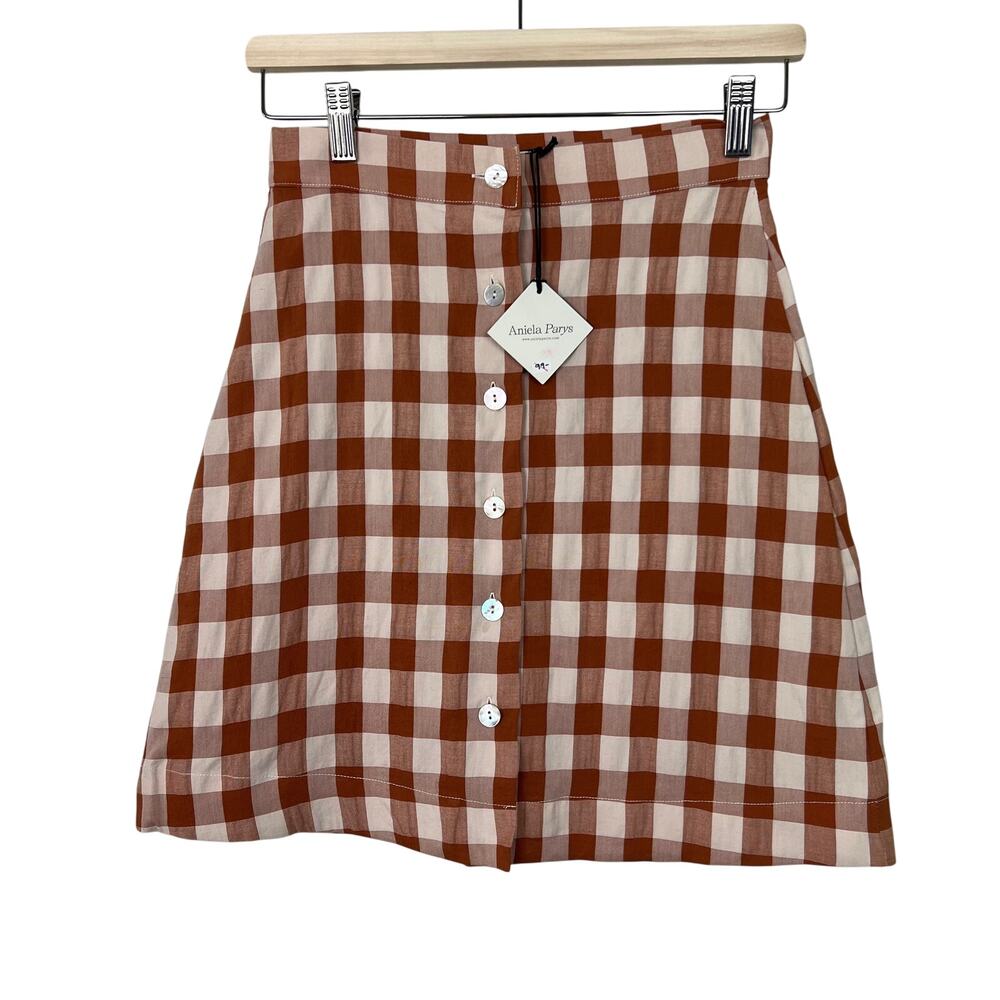 Aniela Parys Sz XS Lateriflora High Waisted Button Up Skirt Plaid Seersucker NWT